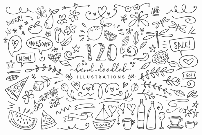 The download pack also includes over 120 free hand doodled illustrations that will fit seamlessly into your design.