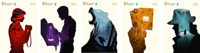 BAFTA 2016 – Best Film posters all together including illustrations of the movies Carol, Spotlight, The Revenant, Big Short, and Bridge of Spies.