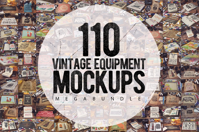 A vintage mockups mega bundle including 110 templates of old art and photography equipment.