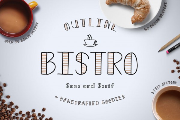Bistro is a hand drawn typeface that includes both a sans and a serif version as well as several goodies.