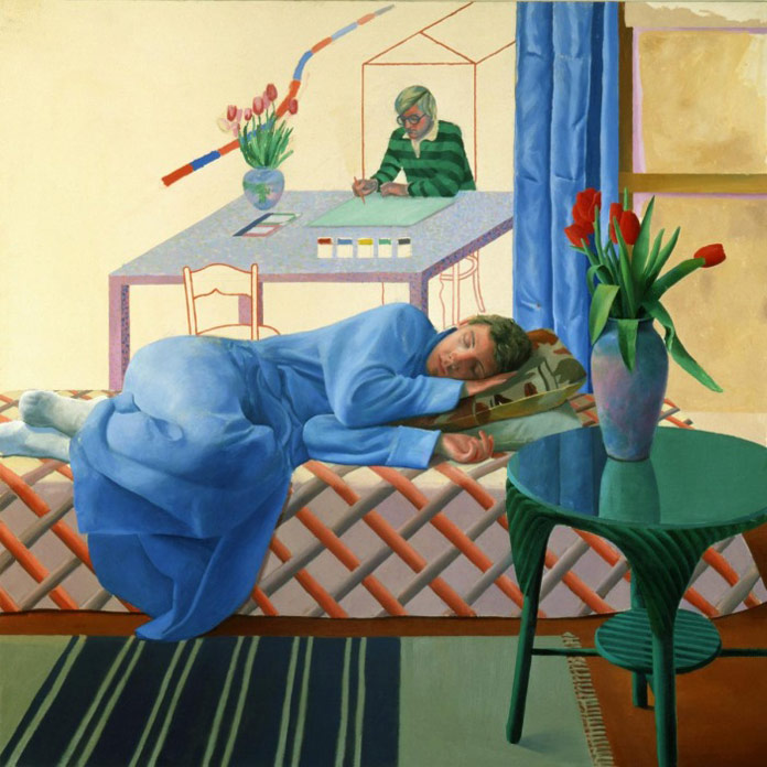 David Hockney – Model with Unfinished Self-Portrait from 1977.