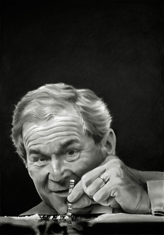 Mission Accomplished, 2015, portrait of George Bush using charcoal and graphite on paper, 56.5 x 40.