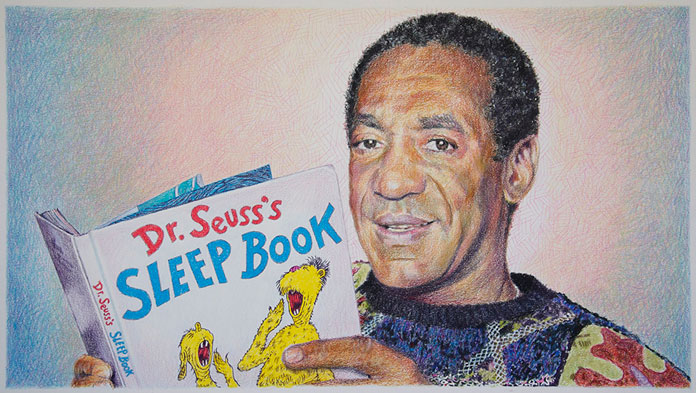 Selected Reading (Sleep Book), 2015, Bill Cosby portrait, colored pencil drawing on paper by Eric Yahnker, 16 x 25.