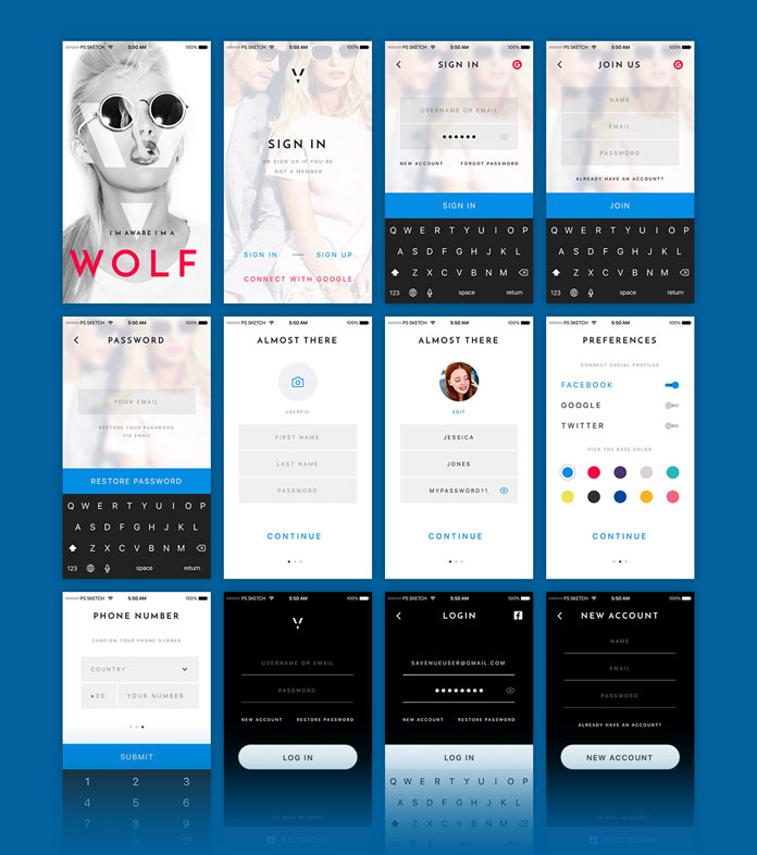 22 mobile screens of sign up, login, and profile pages.