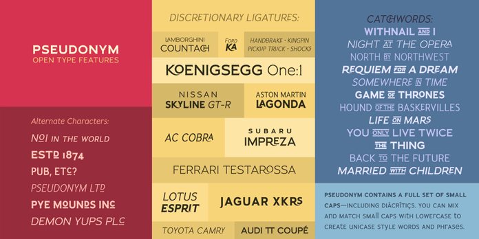 The Pseudonym font family is equipped with numerous OpenType features.