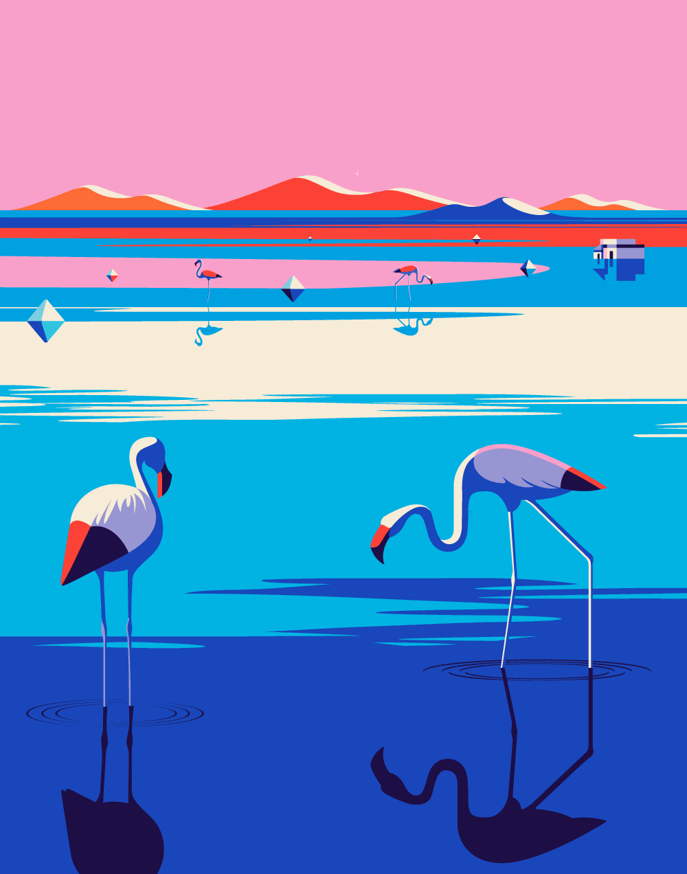 An illustration of flamingos in the water.