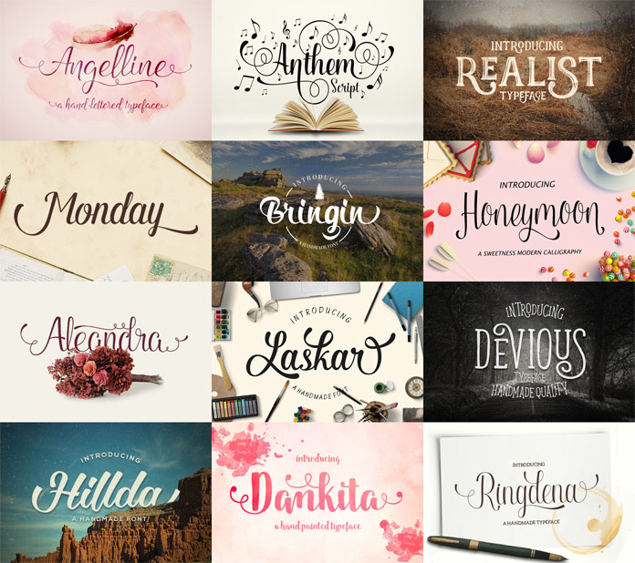 The bundle includes hand-drawn fonts such as Angelline, Anthem Script,, Realist, Monday, Bringin, Honeymoon, Aleandra, Laskar, Devious, Hillda, Dankita, and Ringdena.