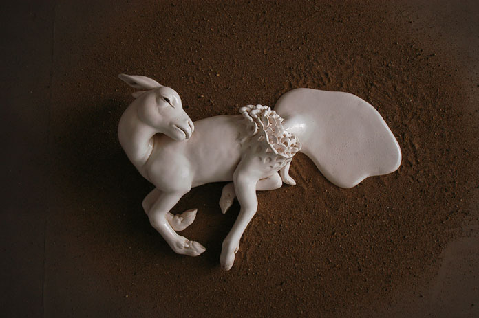 This ceramic sculpture is part of May Von Krogh's installation 'Angels trumpet and the milky moon violin'.