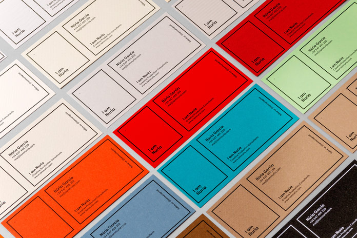 A range of colorful business cards.
