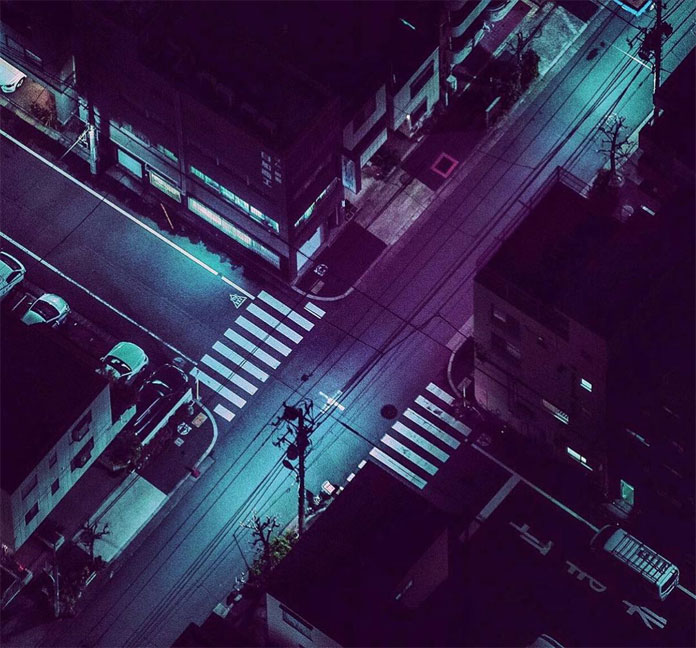 Midnight crossroads at Oshiage, Tokyo photographed from above.