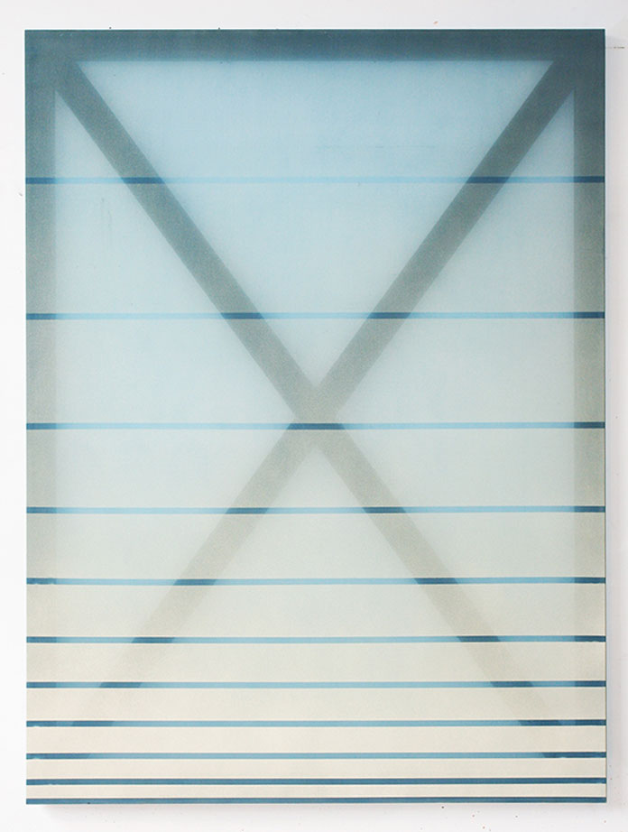 X, artwork by Rebecca Ward in cream and blue, created with oil and dye on silk organza, 60 x 45in, 2014.