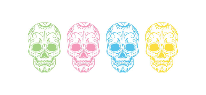 A typical skull with Mexican ornaments has been illustrated in four different colors.