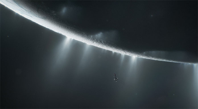 Spacecraft at cryo geysers on the south pole of Saturn's moon Enceladus.