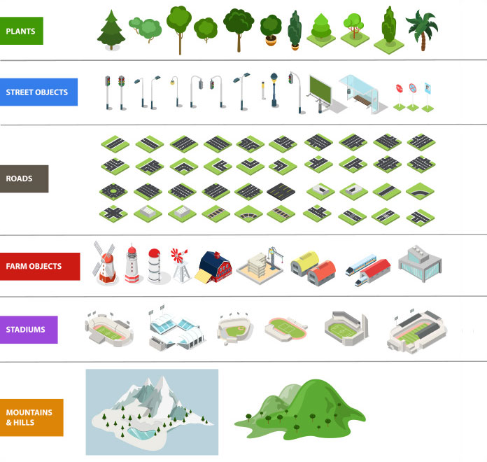 Countless vector graphics of isometric objects.