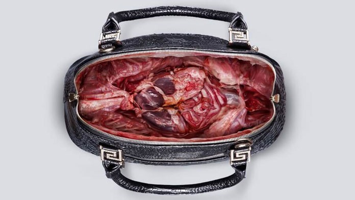 Crocodile leather bag with a heart, muscles and bowels inside in a Bangkok pop-up store.
