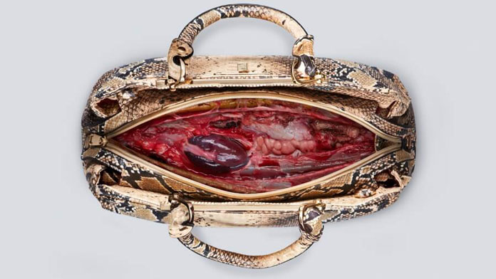 Snake leather bag with a beating heart inside – shocking PeTA campaign.