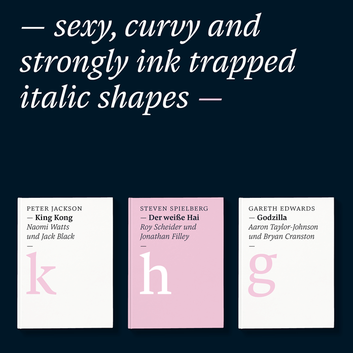A typeface with sexy, curvy and strongly ink trapped italic shapes.