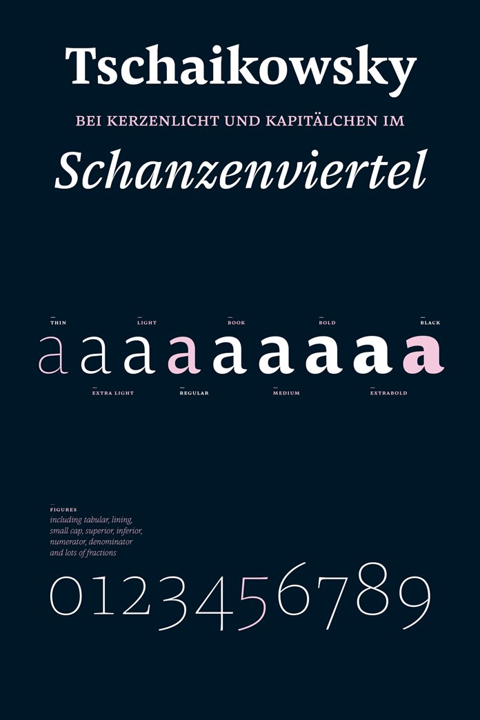 9 weights and diverse typographic features.