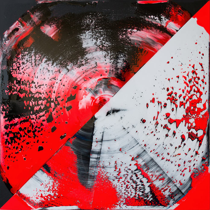 Fluorescent red and black created with acrylic and resin on canvas.