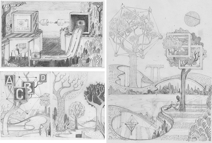 Rough drawings by Sam Chivers for articles in Wired Magazine UK.