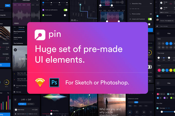 Pin UI Kit – App elements for Adobe Photoshop and Sketch.
