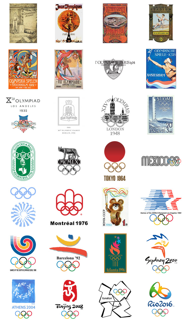 Summer Olympics logos and designs from 1896 - 2016.