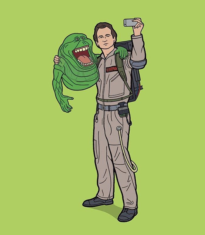 Peter Venkman and Slimer of the Ghostbusters taking a selfie.