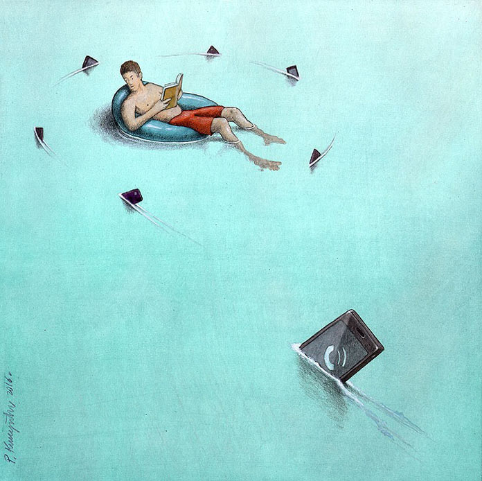 Sharks - satirical illustrations by Pawel Kuczynski.