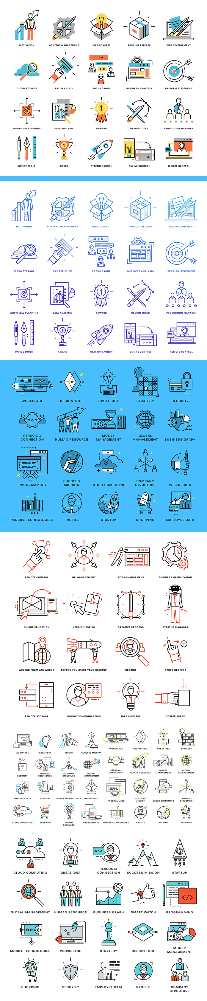 Simple vector icons in diverse categories and different color variants.