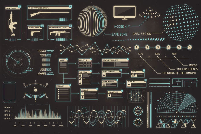 Charts, graphs, flowcharts, maps, wireframes, elements, weapons, controls, etc.