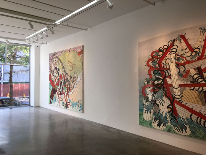 Exhibition view with paintings by Brooklyn based artist Andy Piedilato at Danese/Corey.
