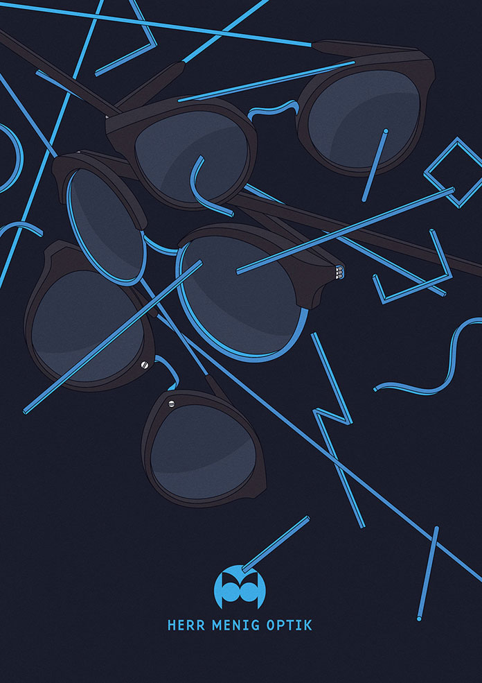 Open, floating objects and glasses in a blue geometrical theme for December 2015.