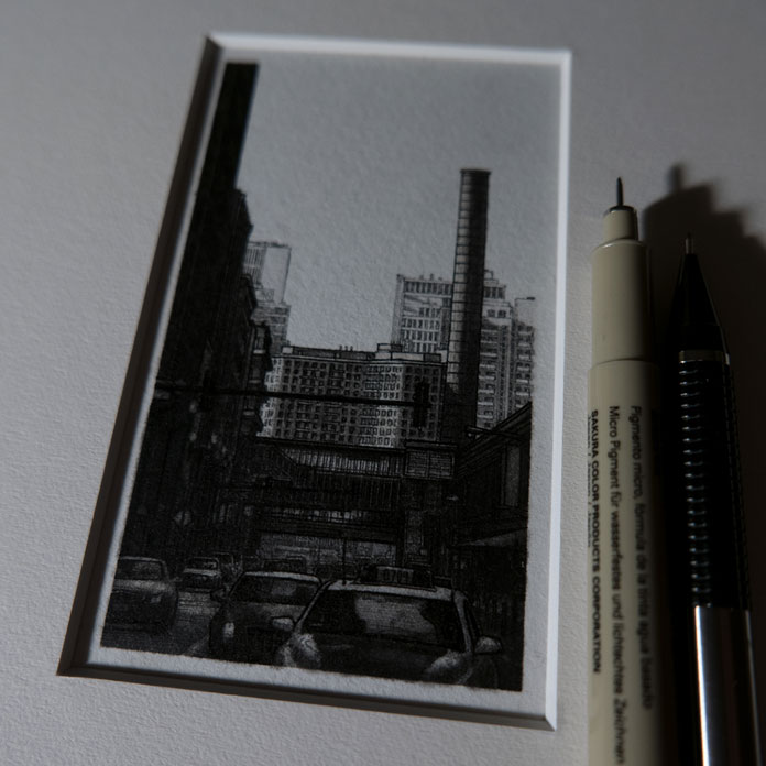 Little cityscapes drawn with micron pens.