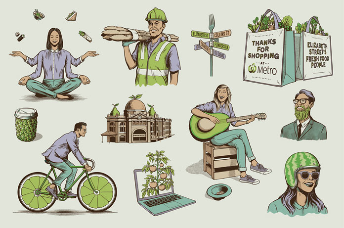 Illustrations by Andrew Fairclough for Australian supermarket chain Woolworths Metro.