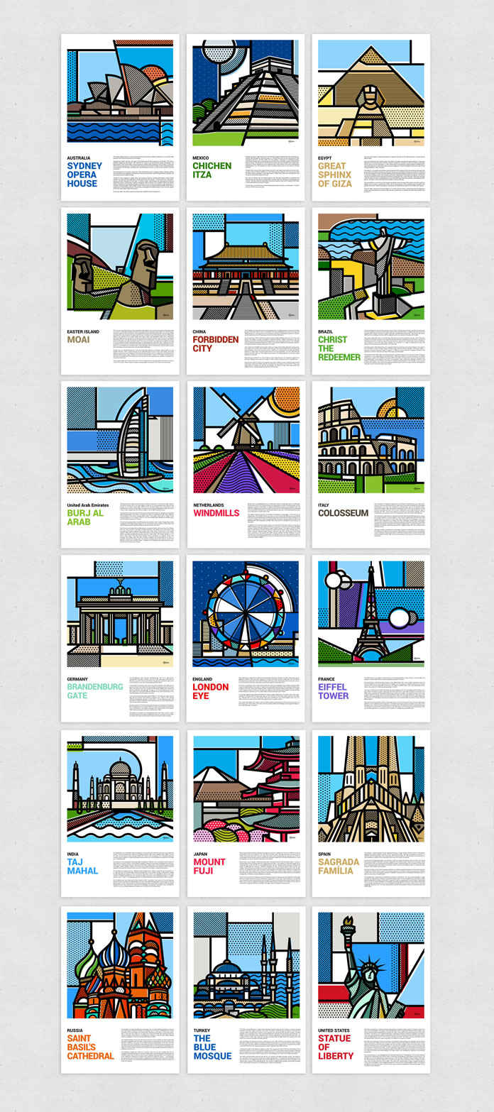 18 illustrations of landmarks around the world.