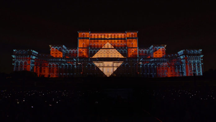Geometric shapes projected on the second largest administrative building in the world.