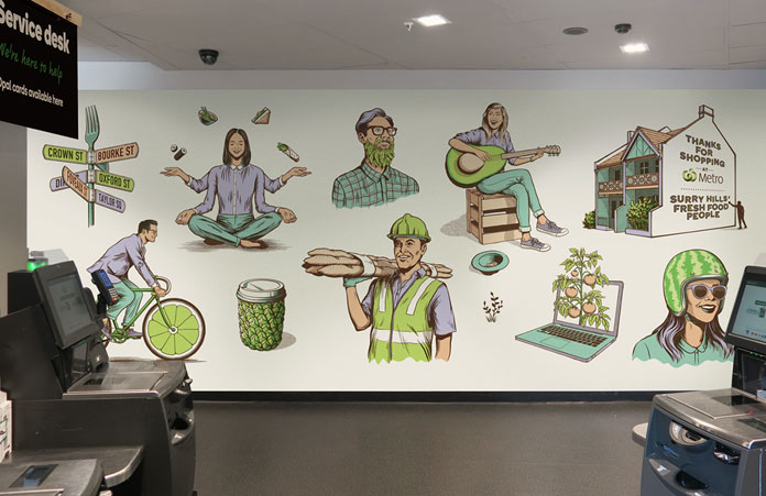 Mural design within a Woolworths Metro supermarket.