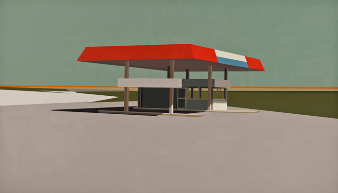 Summer Grey Gas Station in Patina Blue, oil on panel, 12 x 21 inches, 2012