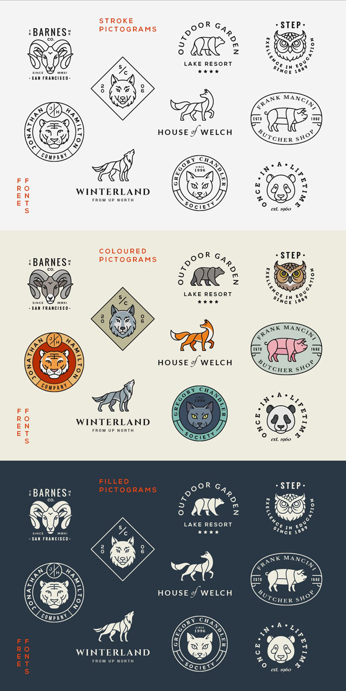 Animal logos/badges - stroke, colored, and filled pictograms