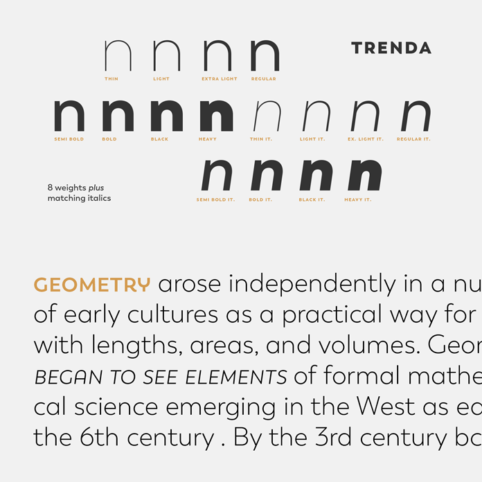 Trenda font family, 8 weights plus matching Italics.