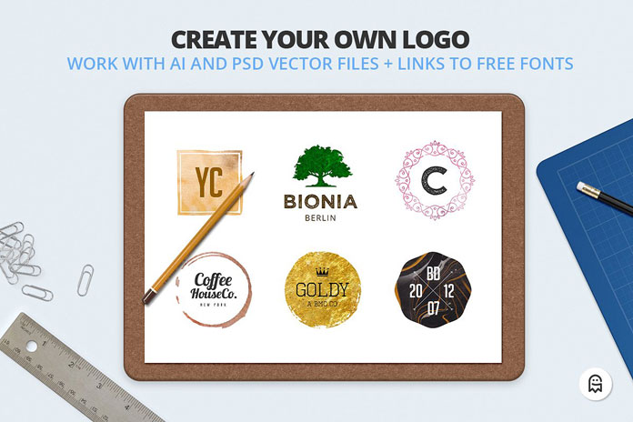 Create your own logo in Adobe Photoshop or Illustrator.
