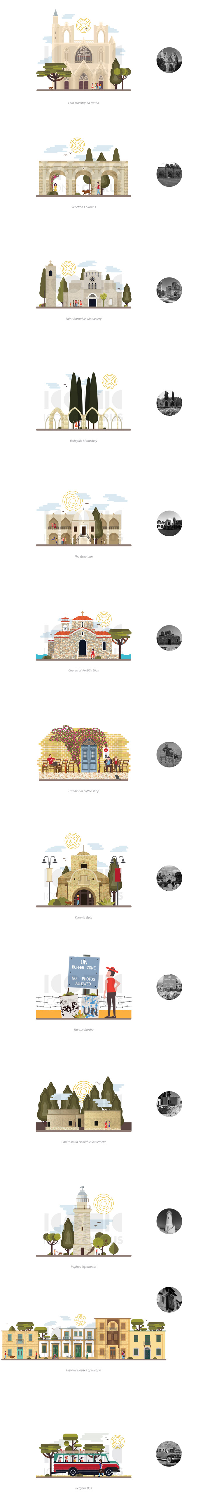 Illustrations of iconic landmarks and tourist attractions in Cyprus.