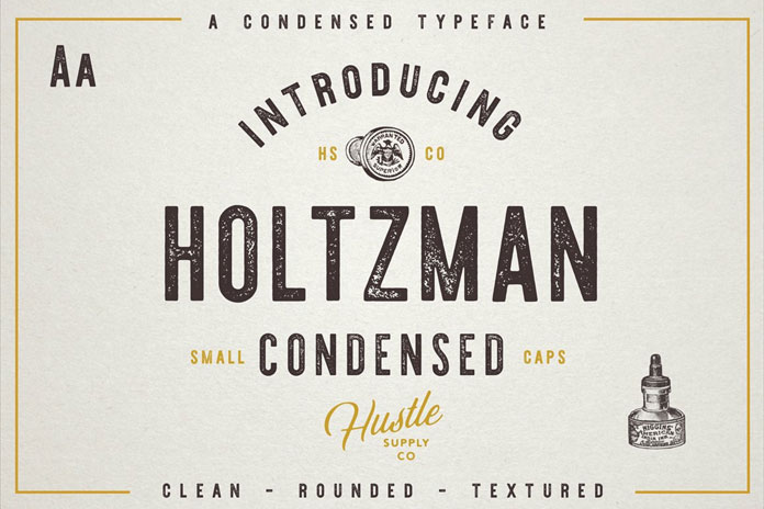 Holtzman condensed vintage font.