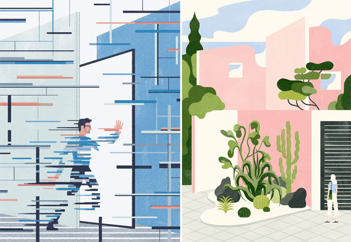 left: illustration for an article by Jérémie Noël for The Networker. right: Novantanove exhibition cured by Illustri at Torino Graphic Days.
