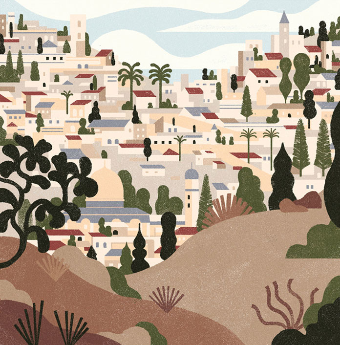 Editorial illustration by Andrea Mongia Jerusalem on the crest line, L'OBS.