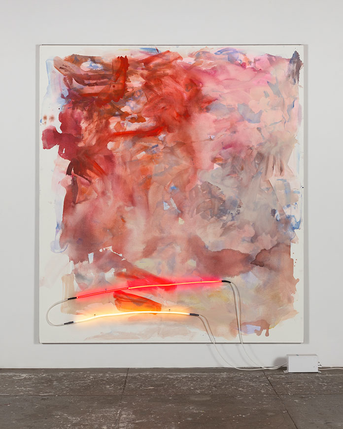 Mary Weatherford, Canyon, 2014, Flashe and neon on linen, 112 x 99 inches (284.5 x 251.5 cm).