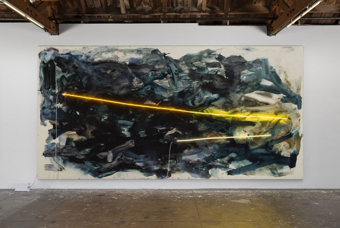 Mary Weatherford, From the mountain to the sea, 2014, Flashe and neon on linen, 117 x 234 inches (297.2 x 594.4 cm).