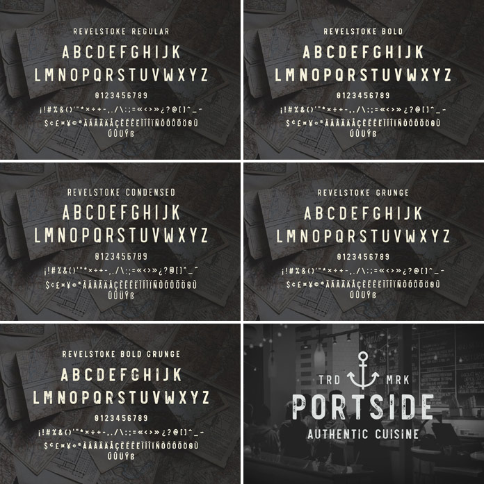 Revelstoke font family, 5 styles.
