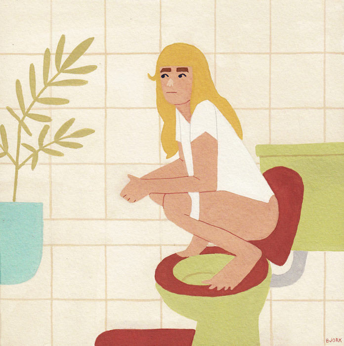 Kelly Bjork, Working on my poop-stance, gouache on paper, 6 x 6 inches, 2015