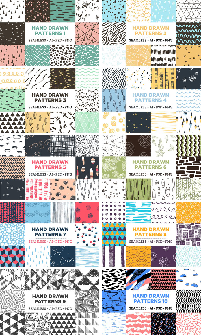 100 Seamless Hand Drawn Patterns for Adobe Illustrator and Photoshop